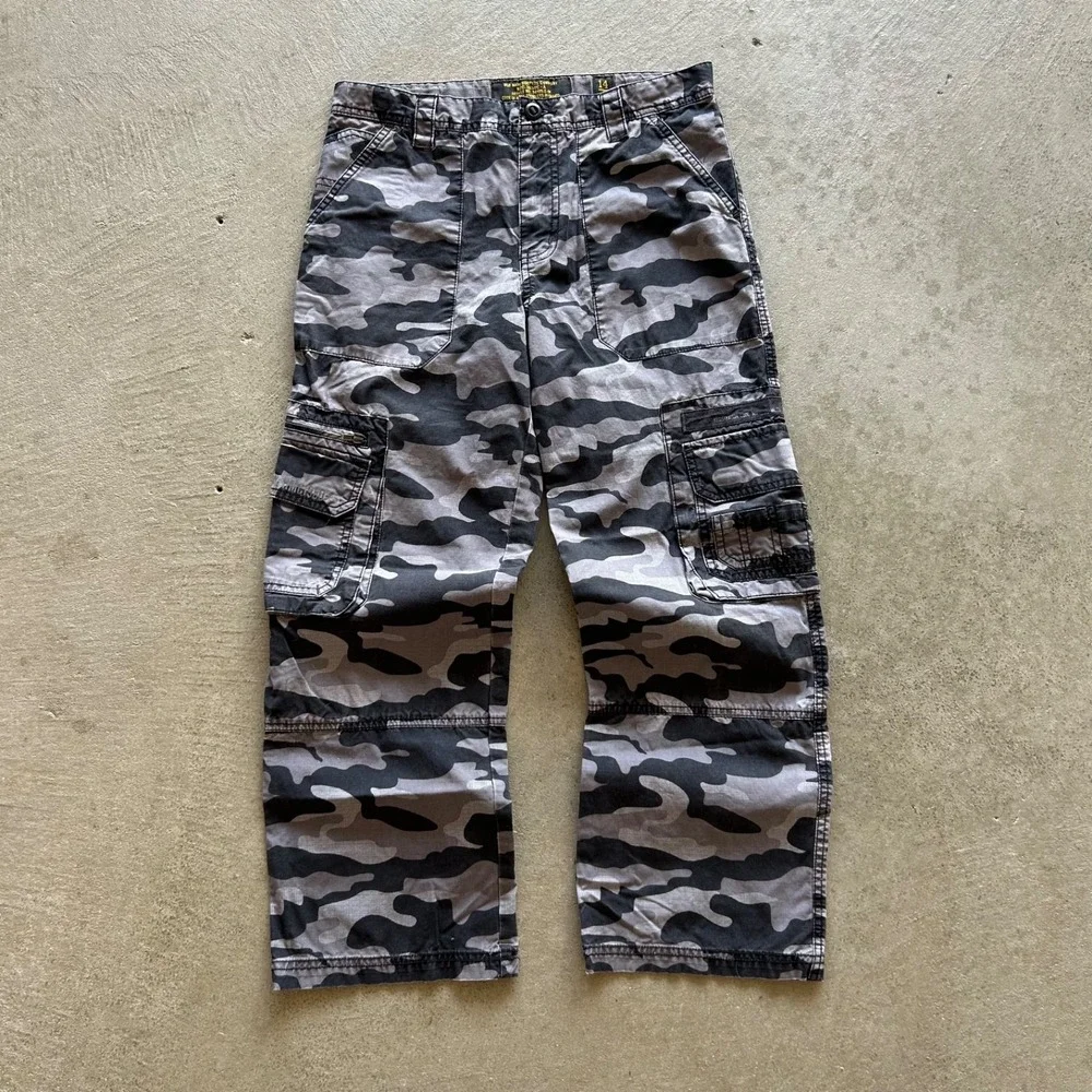 Vintage Y2K Old Navy Cargo Pants Boys 14 Husky Gray Black Woodland Camo Tactical